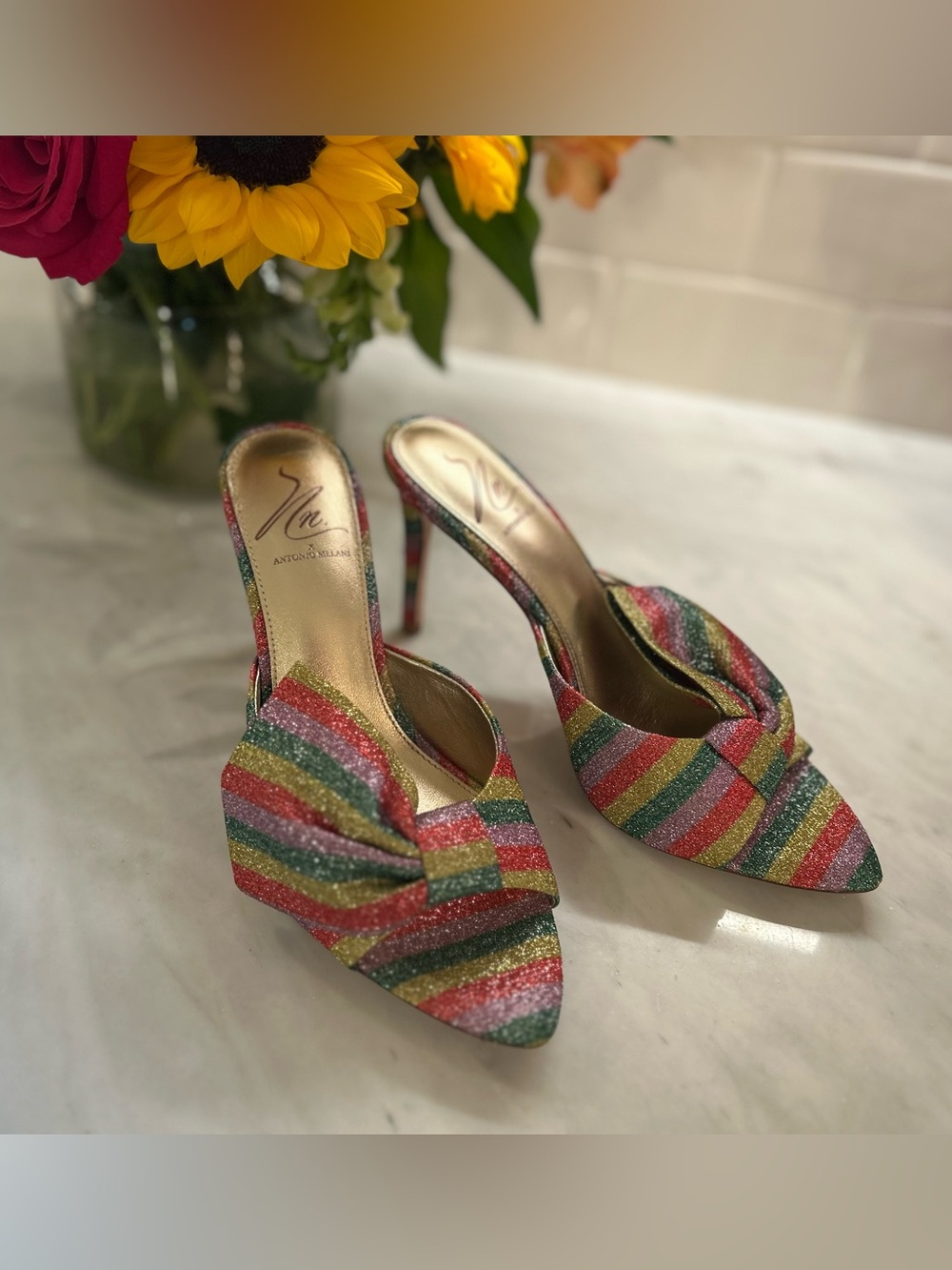 Antonio Melani Rainbow Glitter Stripe High Heel Mules - Multicolor